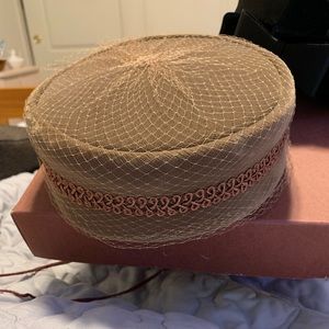 2 vintage velvet pillbox hats and box